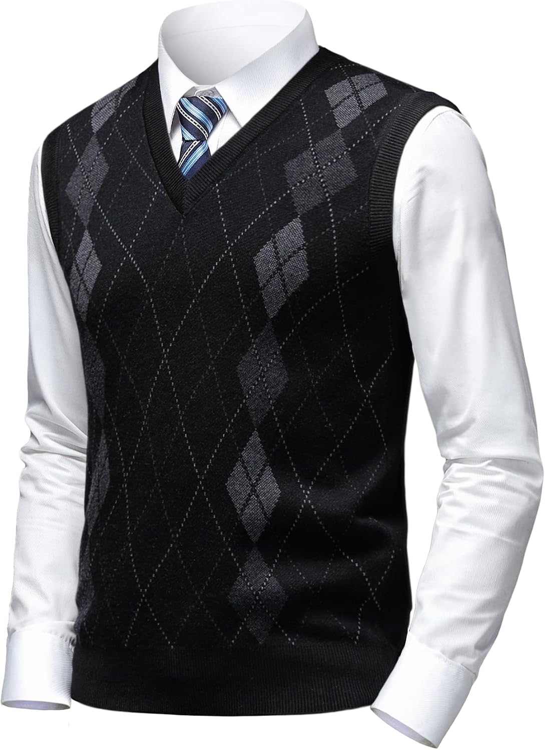 Herothorn Mens Business West Sleeveless Sweater Vest Slim Fit Knitted Vest Argyle V-Neck Pullover Vest Autumn Winter Wool Vest for Men