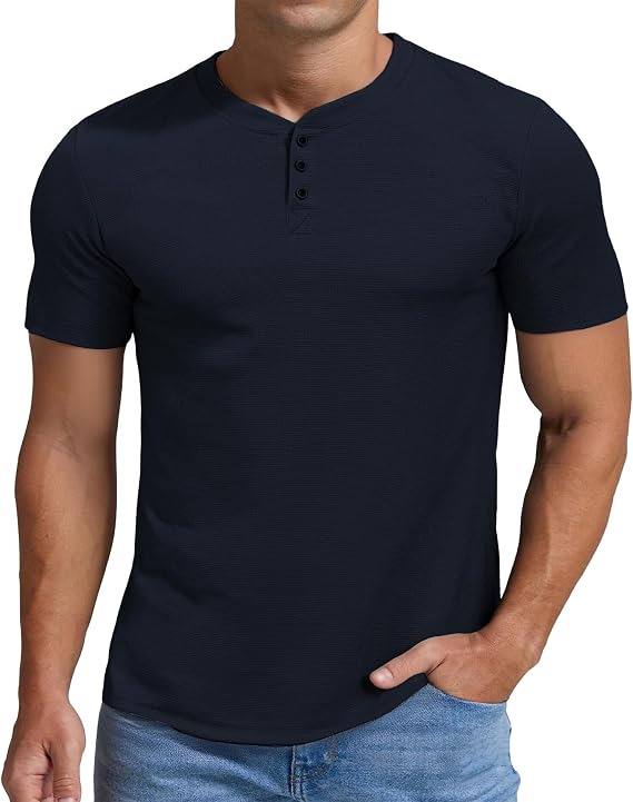 KUYIGO Mens Slim Fit Henley Shirts Waffle Knit Button Casual T Shirt Tops