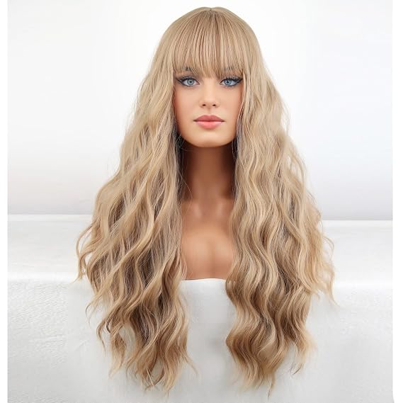 BERON 26 Inches Blonde Wig Long Curly Ash Blonde Wig with Bangs for Women Daily Party Hairnet Include