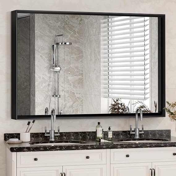 36x24inch Bathroom Mirror with Aluminium Frame, Black Rectangular Beveled Wall Mirrors Decorative,Bathroom Vanity Mirror Square Edge Framed Mirror for Bedroom Living Room (Horizontal &Vertical)