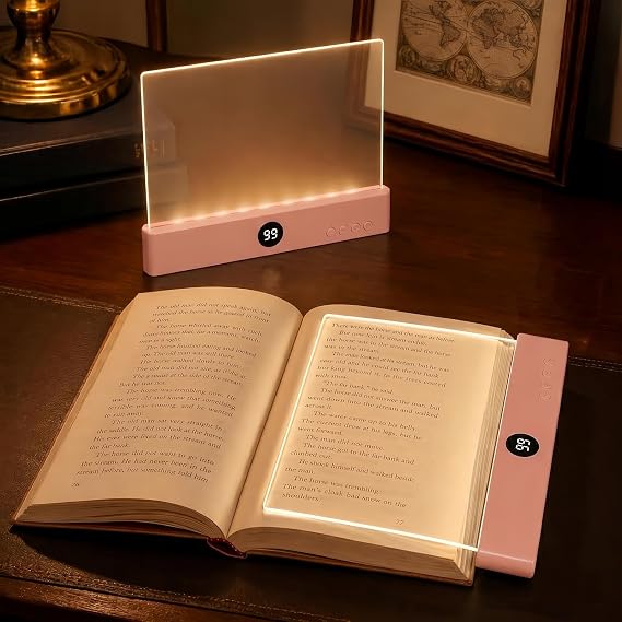Flat book light, reading light for bed reading, panel book light, night reading light, tri color dimming eye protection LED book page light, USB charging, with timer, used for bedroom reading（Pink）