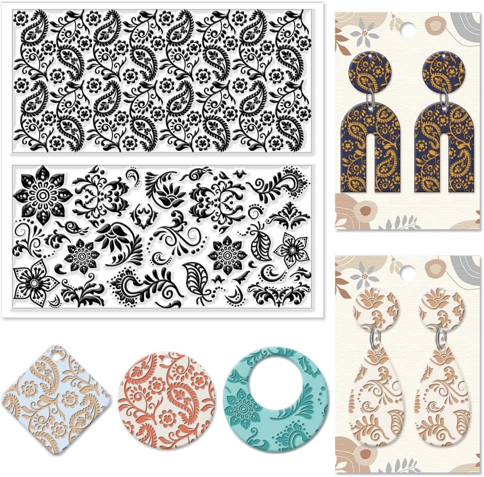 CHGCRAFT Bohemian Paisley Leaves Polymer Clay Texture Sheets Clay Modeling Pattern Texture Mat for Making Earrings Jewelry Earrings Necklaces Handicrafts, 5.5x5.5Inch