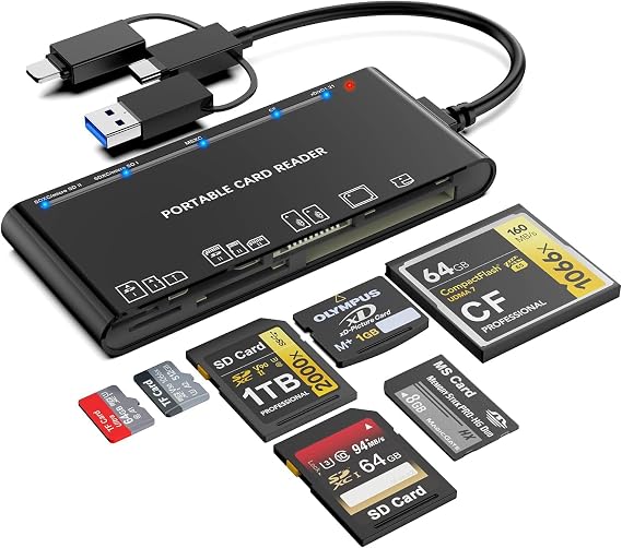 USB 3.0 Multi Card Reader for SD/Micro SD/TF/XD/CF/MS - 7-in-1 Memory Card Reader/Adapter for Windows, Mac, Linux (USB-A + USB-C + IP)