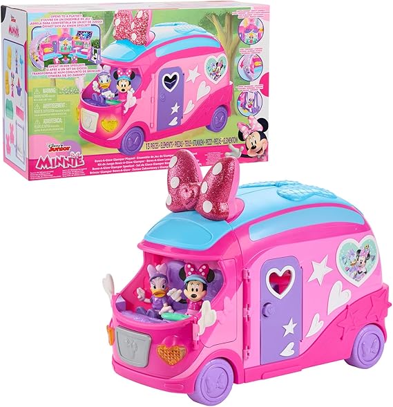 Disney Junior Minnie Mouse Bows-A-Glow Glamper Playset, Light-Up Camper RV, Working Headlights & Sounds, 2-Foot Wide Playset, Minnie & Daisy Figures, Furniture & Accessories, Kids Toys Ages 3+