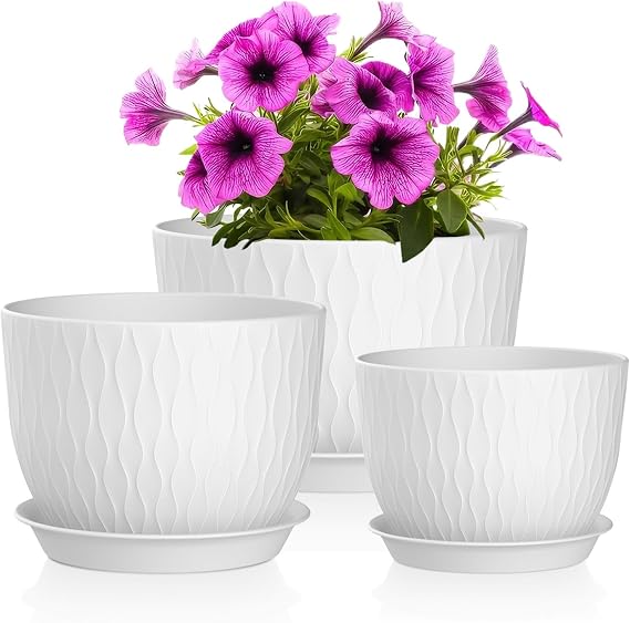 QRRICA Plant Pots 12/10/9 Inch Pots, Set of 3 Plastic Planters with Drainage Holes and Saucers,Plastic Flower Pots,Nursery Planting Pot for Indoor Out Door Plants(White)