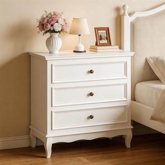 RoyalCraft 3 Drawer Dresser for Bedroom, 32" Wide Painted Chest of Drawers | White Dresser with Solid Wood Legs, Vintage Large Nightstand for Dorm, Wooden Storage Closet Cabinet for Living Room