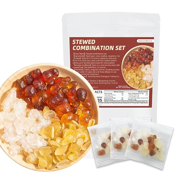 BAYUEDEGUA-Stewed combination set 100g/3.52oz Peach gum,Snow swallow,Soapberry rice.Natural ingredients,Vegetarian friendly,Low calorie.Contains 10 bags.