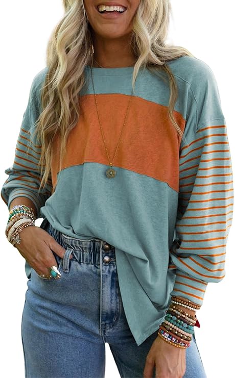 Dokotoo Long Sleeve Tops Oversized 2026 Color Block Womens Shirts Blouses | 2026 Fall Winter,Crewneck,Color Block,Pullover Sweatshirt,Resort Wear,Lightweight,Loose Fit