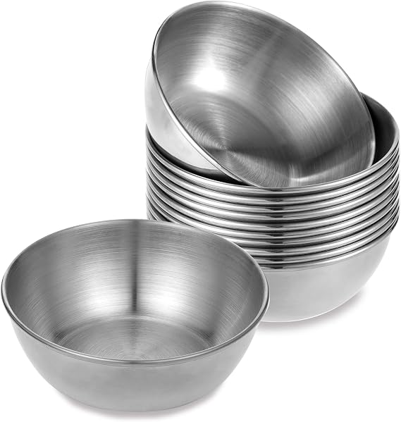 12 pack Stainless Steel Sauce Dishes 3.2 Inch Small Metal Dipping Bowl Stackable Appetizer Plates for Meal Prep