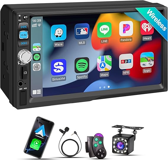Double Din Car Stereo with 7" IPS Touchscreen, Wireless Apple Carplay & Android Auto, Bluetooth, 180W, Backup Camera, Subwoofer Output, Mirror Link, MIC, Car Radio Receiver