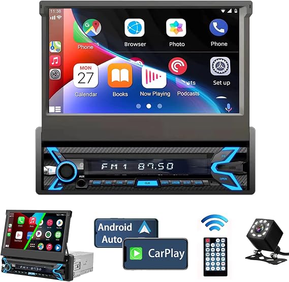 Naifay Single Din Flip Up Screen Car Stereo with Apple Carplay&Android Auto | 7inch Flip Out Touchscreen Car Radio with Bluetooth Car Audio Receivers, MirrorLink, Camera, FM/USB/AUX/TF/Subwoofer
