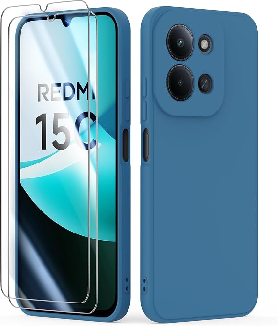 Case for Xiaomi Redmi 15c 4G / 5G Case with 2 Pack Tempered Glass Screen Protector, Liquid Silicone Shockproof Anti-Scratch Soft TPU Thin Phone Cover - Blue