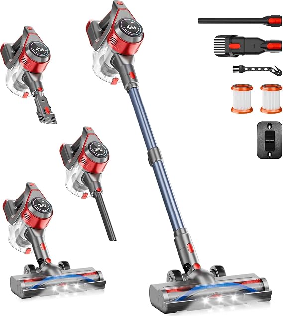 BSNAW Cordless Stick Vacuum Cleaner - Rechargeable, 35Kpa Powerful Vacuums with Detachable Battery, LED Display, 45Mins Runtime, 8 in 1 Handheld Vacuum for Hardfloor & Carpets Pet Hair, Red