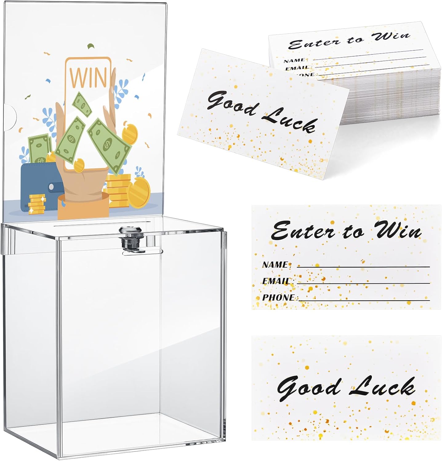 Teling Tall Acrylic Donation Box with Lock and Sign Plate Safe Suggestion Box with 100pcs Raffle Tickets Cards for Raffle, Money, Voting, Charity, Suggestion Transparent, 6.7 x 5 x 8 Inch