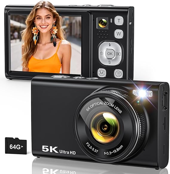 5K Digital Camera for Photography with 6X Optical Zoom, Autofocus 96MP Vlogging Camera for YouTube Video with Dual-Lens, Compact Point and Shoot Travel Cameras for Beginners with 64GB Card & Flash