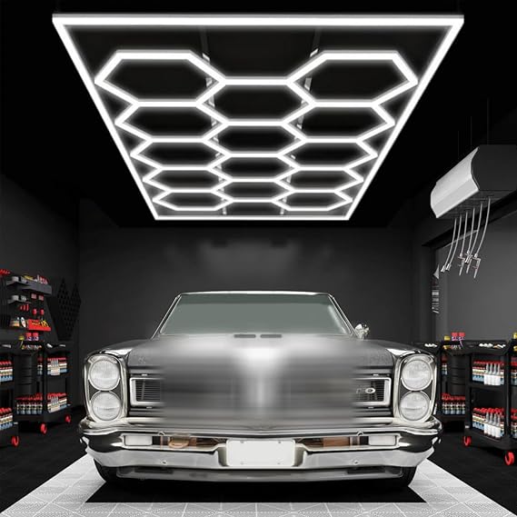 Hexagon LED Light,Honeycomb Light Grid Shop Lights for Garage/Workshop,6500K Color Temperature,IP54 Waterproof LED Lights for Warehouse Workshop Gym 14-Grids with Frame