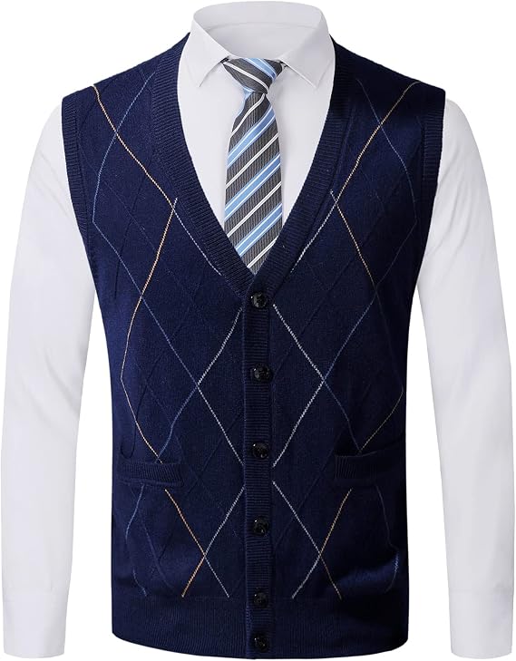 Men's Argyle V-Neck Sweater Vest Casual Knitwear Sleeveless Cardigans Classic Business Knitted Gilets Winter Warm Top