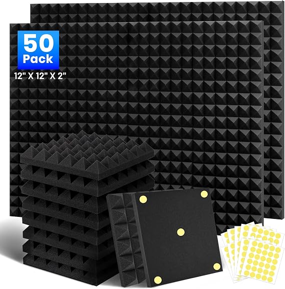 50 Pack Sound Proofing Panels, 2"x12"x12" Acoustic Foam Wall Panels, Soundproofing Panels, Sound Proof Panels for Walls, Sound Absorbing Panels for Studio, Home, Office, With Double Sided Tape