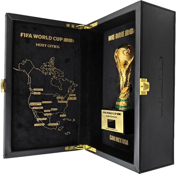 Officially Licensed FIFA World Cup 2026 3D Trophy Replica with DIY Champion Flag Luxury Wood & Leather Display Box Featuring 16 Host Cities Map Limited Edition (10,000 Globally)