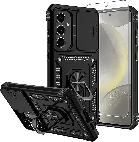 for Galaxy S24 FE Case, with Screen Protectors and Camera Cover,[Military Grade] 16ft.Drop Tested Cover with Magnetic Kickstand Protective Case for Samsung S24 FE, Black