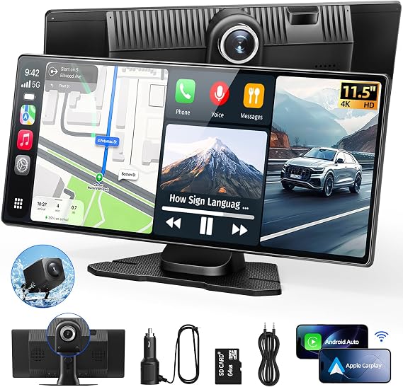 11.5-Inch Wireless Apple CarPlay Screen, Android Auto, 4K Dash Cam