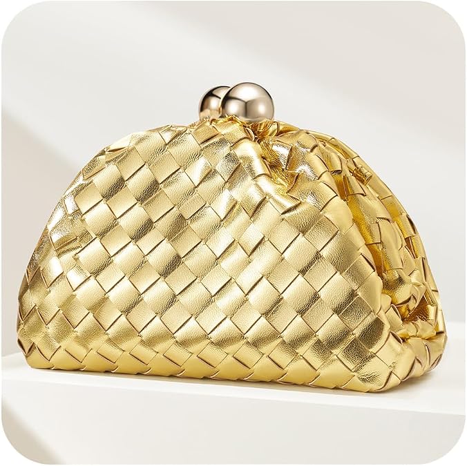 Gold Clutch Purses for Women, Woven Evening Handbags, Formal Dumpling Bag
