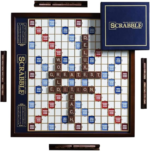 WS Game Company Scrabble Deluxe Edition Rotating Wooden Cabinet Board Game | Classic Word Game, Rotating Turntable, Raised Tile Grid, Built-in Storage, Wood Tiles, 2-4 Players, Adults and Kids 8 and Up