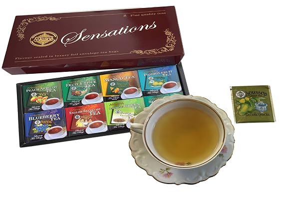 Mlesna Sensations 8 Flavored Tea Selection - Peach Apricot, Fruit and Spice, Mango, Passion Fruit, Blueberry, Jasmine, English Breakfast, Soursop - 80 Pack Gift Box