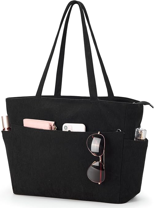 Corduroy Tote Bag School Bag Handbags for Women With Zipper & Multi-Pocket