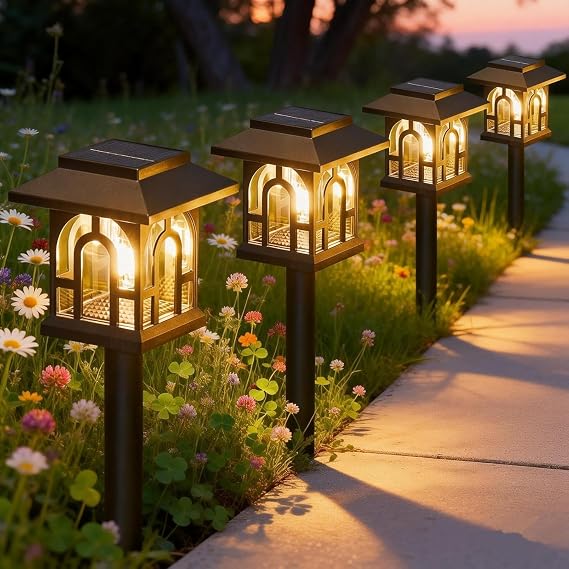BUCASA 4 Pack Solar Lights Outdoor Garden, Up to 10 Hours Solar Garden Lights Waterproof Pathway Lighting for Yard, Patio, Landscape, Walkway, Path (3000K Warm White) [Energy Class A+++]