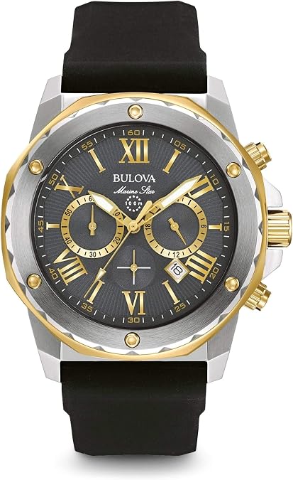 Bulova Men's Marine Star Series A Two-Tone Gold Ion-Plated Stainless Steel 6-Hand Chronograph Quartz Watch, Black Silicone Strap, 44mm Style: 98B277
