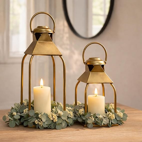 Decorative Metal Lanterns Indoor Outdoor, Candle Holder for Porch, Patio, Fireplace, Floor, Wedding, Christmas, Fall, Holiday, Farmhouse Table Centerpiece (Antique Gold, Set of 2 15.7" 12")