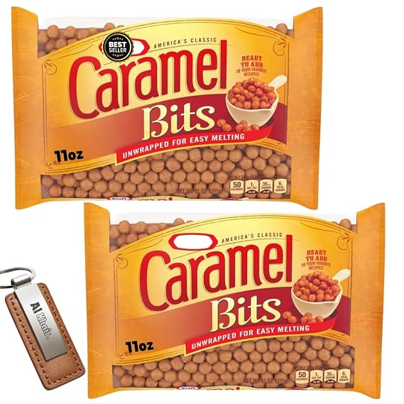 So-Krafts Candy Caramel Bits 11oz (Pack Of 2) - Bits For Candy Buffet - Caramal Bits Topping - Chewy Soft Candi Bits - Bites Unwrapped For Easy Melting (Al Khair Trademark Key Chain Included)