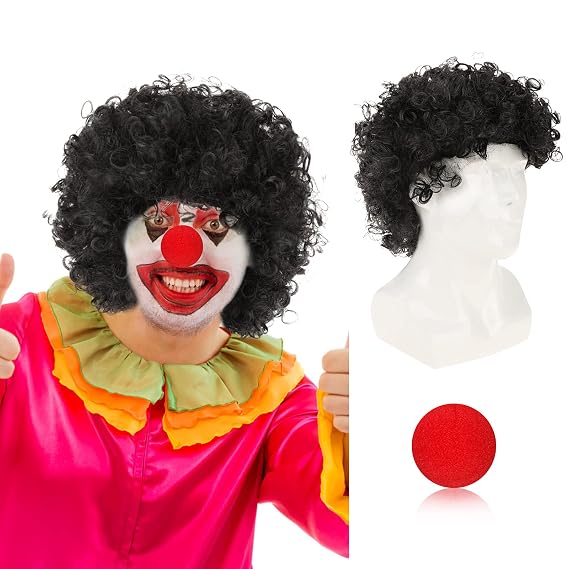 Pwsap Adults Curly Afro Wig, Short Clown Disco Party Wigs Colorful 70s 80s 90s Party Clown Wigs Fancy Dress Accessory Cosplay Wig Hairpieces for Women and Men with Red Foam Clown Noses, Black