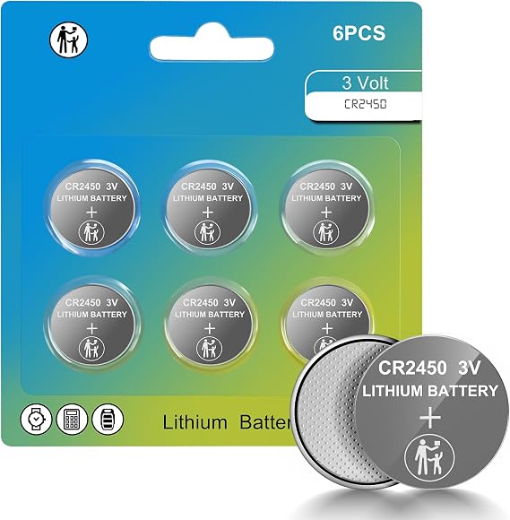 CR2450 Battery, 2450 3V Lithium Battery 6 Count Pack, CR 2450 3 V Flat Button Coin Cell Batteries for Key Fobs, Watches, Garage Door Openers, Remote Controls, Calculators, Thermometers