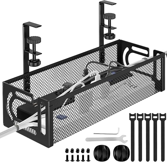 Cable Management, Under Desk Cable Management, Desk Cable Tidy | Cable Tray Under Desk, Under Desk Cable Management Tray No Drill with Clamp Mount, Cable Organiser for Home Office, Black