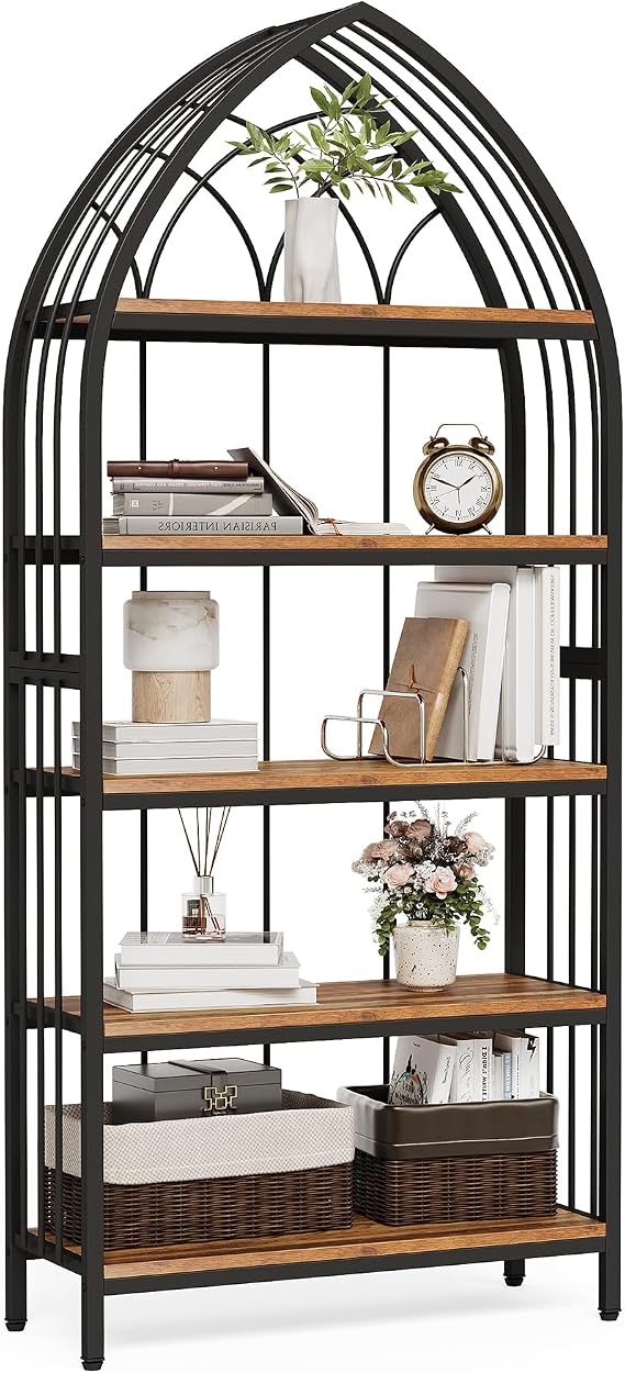 LITTLE TREE 74.8" Tall Arched Bookshelf, 5-Tier Heavy Duty Metal Rack