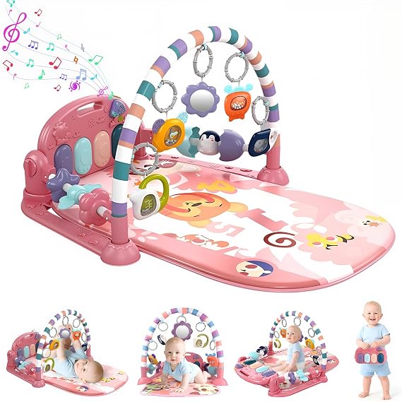 Baby Play Mat Baby Gym with 5 Detachable Activity Toys, Music and Lights, Funny Play Piano Tummy Time Baby Activity Mat, Play Mat Baby for 0-6 9 12 Months Newborn Boys and Girls Gift (Pink)