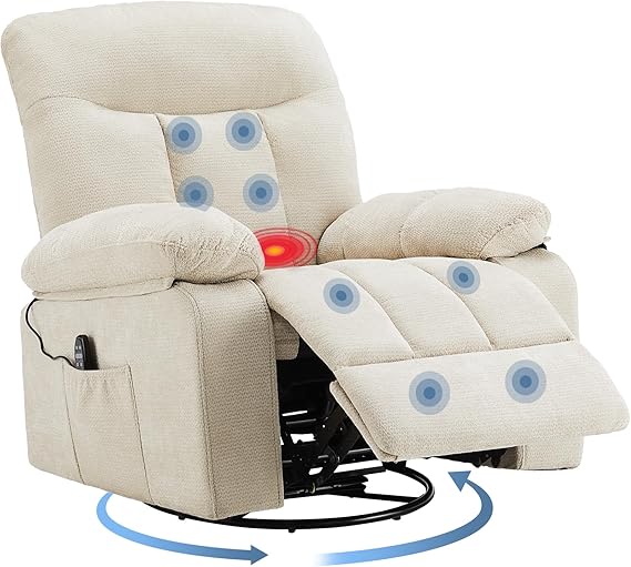 DUMOS Rocker Recliner Chair, Swivel Recliner with Vibration Massage & Lumbar Heating, 270 Rotating Chenille Fabric Recliner with footrest for Living Room & Bedroom, Beige