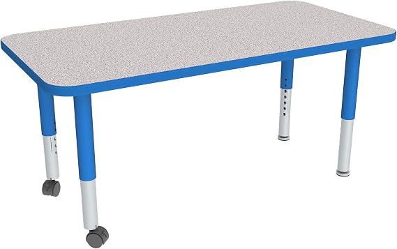 Sprogs Adjustable Height Mobile Classroom Activity Table for Preschools, Rectangle Preschool Activity Table with Casters, 24" D x 36" W x 23" H, Gray/Blue