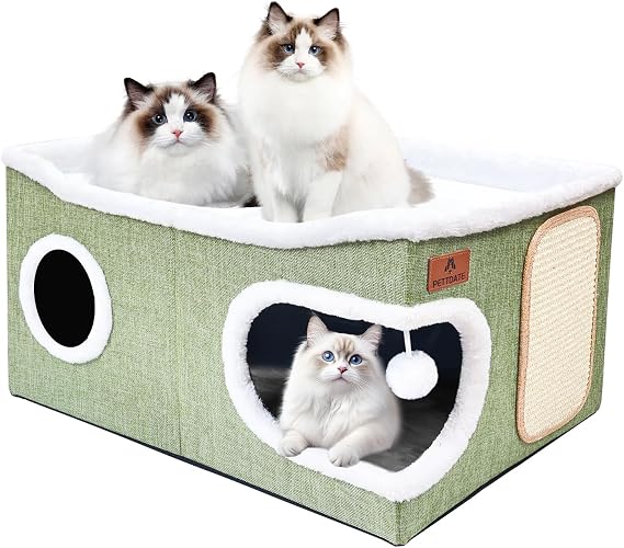 Extra-Wide Cat Beds for Indoor Cats, Large Cat Cave Bed with Scratch Pad and Fluffy Ball, Foldable Cat Hideaway with Reversible Cushion for Multi Small Pet Large Kitty, 60D x 43W x 32H cm, Green