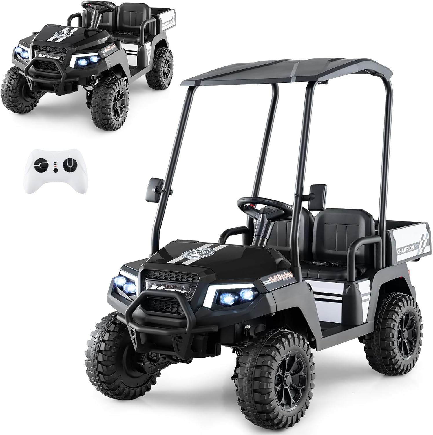 Costzon 24V Kids Golf Cart, 4WD 2 Seater Ride on Car wSun Shade, Storage Trunk & Remote Control, Electric Vehicle wLED Lights, Realistic Sounds & Wireless Connection, Gift for Boys Girls 3 Black