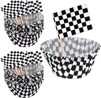 100Pcs Checkered Cupcake Liners and 100Pcs Checkered Flag Cupcake Toppers, Racing Car Theme Party Decorations Supplies Black and White