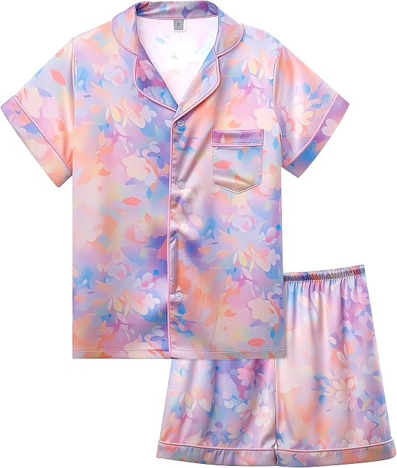 KAKU NANU Girls Satin Pyjamas Set 5-14 Years - 2 Piece Short Sleeve Button Down Summer Nightwear - Soft Breathable Kids Sleepwear (Available in 5 Assorted Prints)