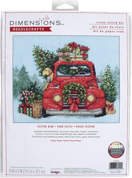 Dimensions 70-08992 Festive Ride Embroidery Christmas Counted Cross Stitch Kit, 14 Count Light Blue Aida, 10" x 8"