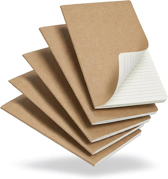 5 Pack A5 Lined Notebooks, 60 Pages Ruled Paper Journals, 21 x 14cm | Natural Kraft Cover, Composition Style For School, Office, Students And Artists