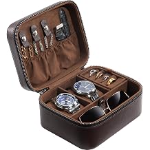 ProCase Travel Watch Case, 2 Slots PU Leather Watch Accessories Storage Case, Necklaces Rings Bracelets Zippered Organizer Bag for Man -Brown