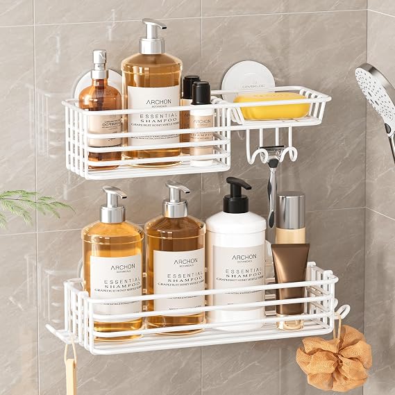 LEVERLOC Shower Caddy Suction Cup, 2 Pack Shelves for Inside with Hooks