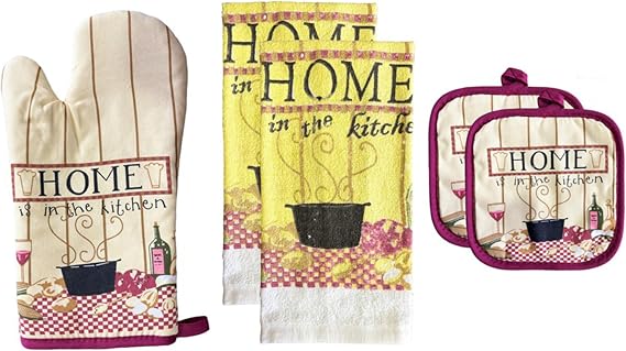 100% Cotton Printed Kitchen Linen Set of 5, 2 Kitchen Towels, 2 Potholder, 1 Oven mitt, Non Slip, Washable, and Heat Resistant. (Home)