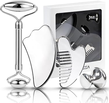 Stainless Steel Face Roller & Gua Sha Set Cooling Facial Massage Tools for Face, Neck & Eyes, Smooth Skincare Routine, Durable Metal Beauty Tools for Daily Self-Care